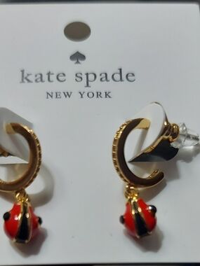 Kate Spade Gold Hoop Earrings with Red Enamel Ladybug Charms